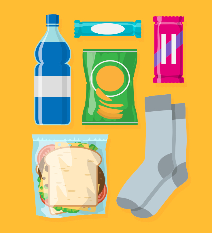 Elements of LifePak: Water bottle, socks, non-perishable food.